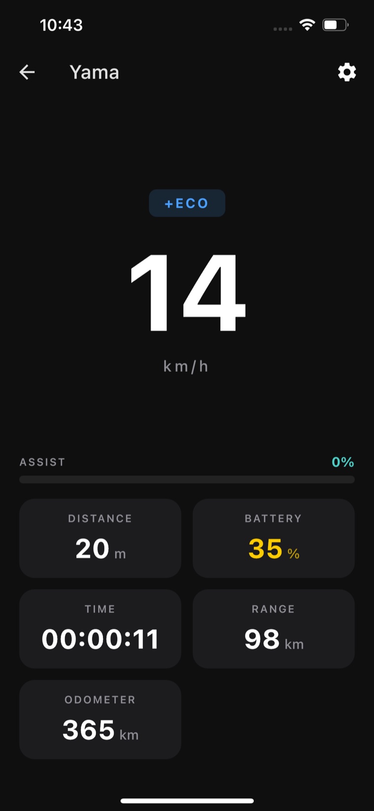 eBike Sync live ride dashboard showing speed, assist mode, distance, battery, time, range and odometer