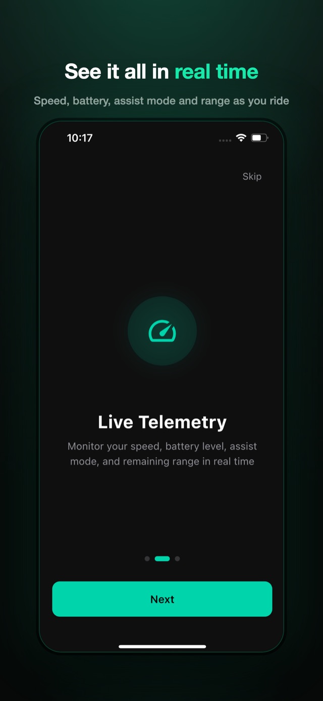 Real-time telemetry: speed, battery, range and assist mode